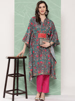 Thumbnail for Ahalyaa Women Floral Printed Flared Sleeves Gotta Patti Crepe Kaftan Kurta - Distacart