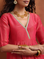Thumbnail for trueBrowns Hot Pink Tissue Flared Anarkali Kurta Set