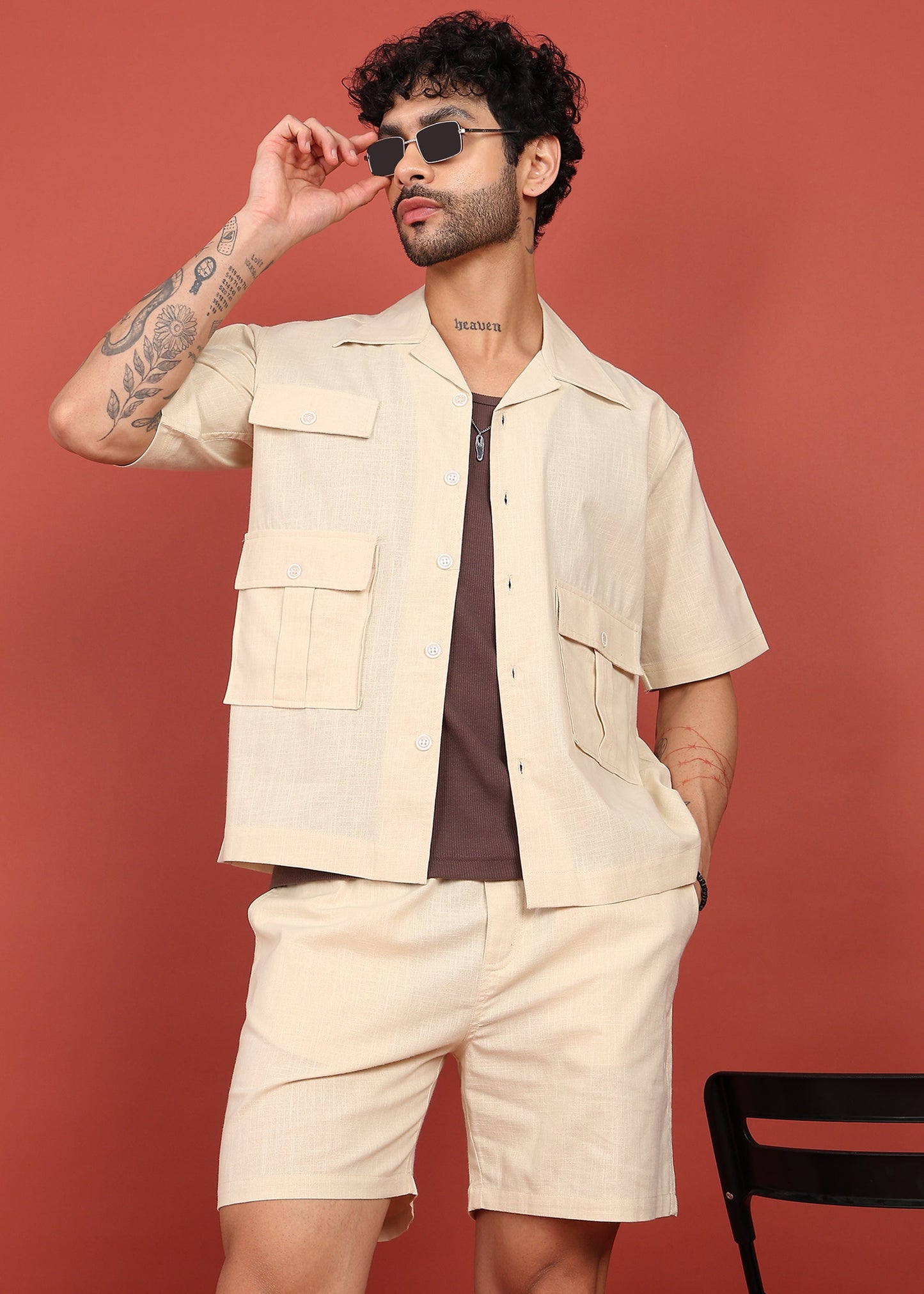 Fabmade Men Beige Cotton Linen Coort-Set Shorts - Distacart