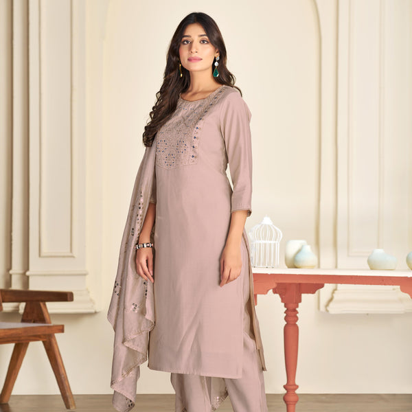 BulBul Prachi Silk Beige Kurta Set with Dupatta