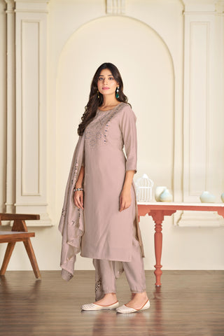 BulBul Prachi Silk Beige Kurta Set with Dupatta