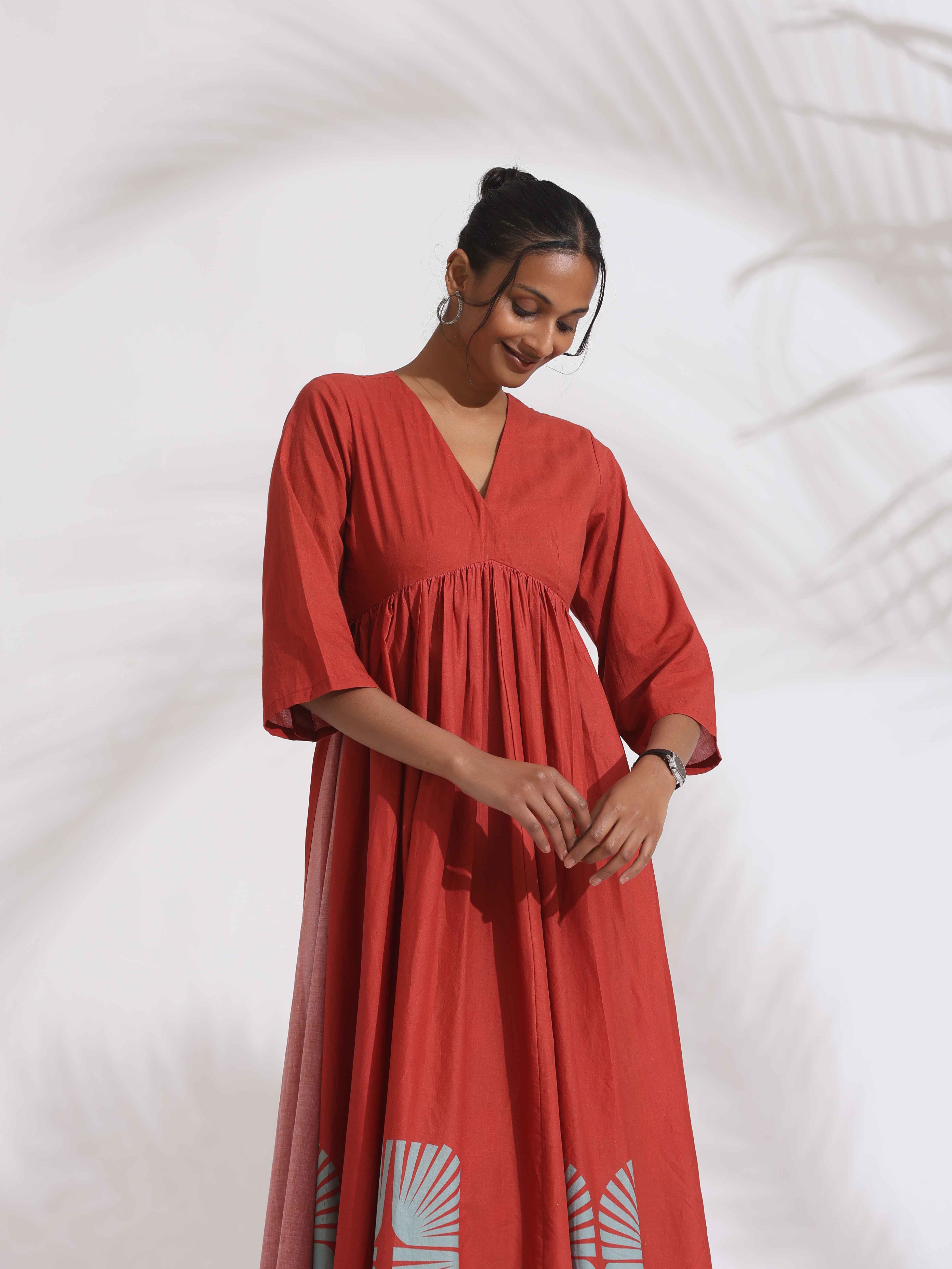 trueBrowns Red Cotton Print Flared Kurta Set