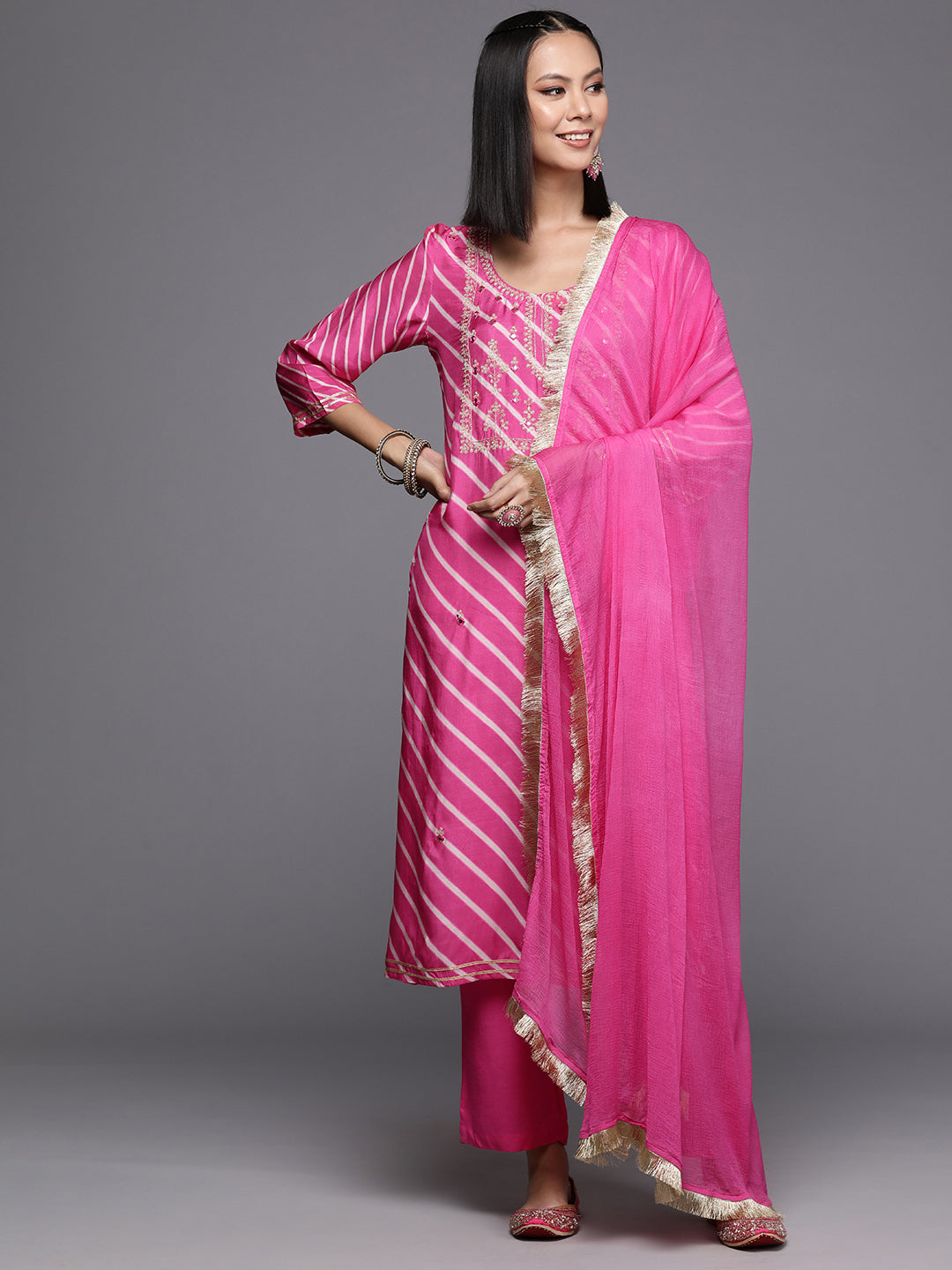 Varanga Women Pink Pure Fabric, Lehariya Embroidered Straight Kurta Paired With Tonal Bottom And Dupatta - Distacart