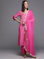 Thumbnail for Varanga Women Pink Pure Fabric, Lehariya Embroidered Straight Kurta Paired With Tonal Bottom And Dupatta - Distacart