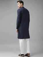 Thumbnail for Fabmade Men Navy Blue Cotton Linen Kurta Pyjama