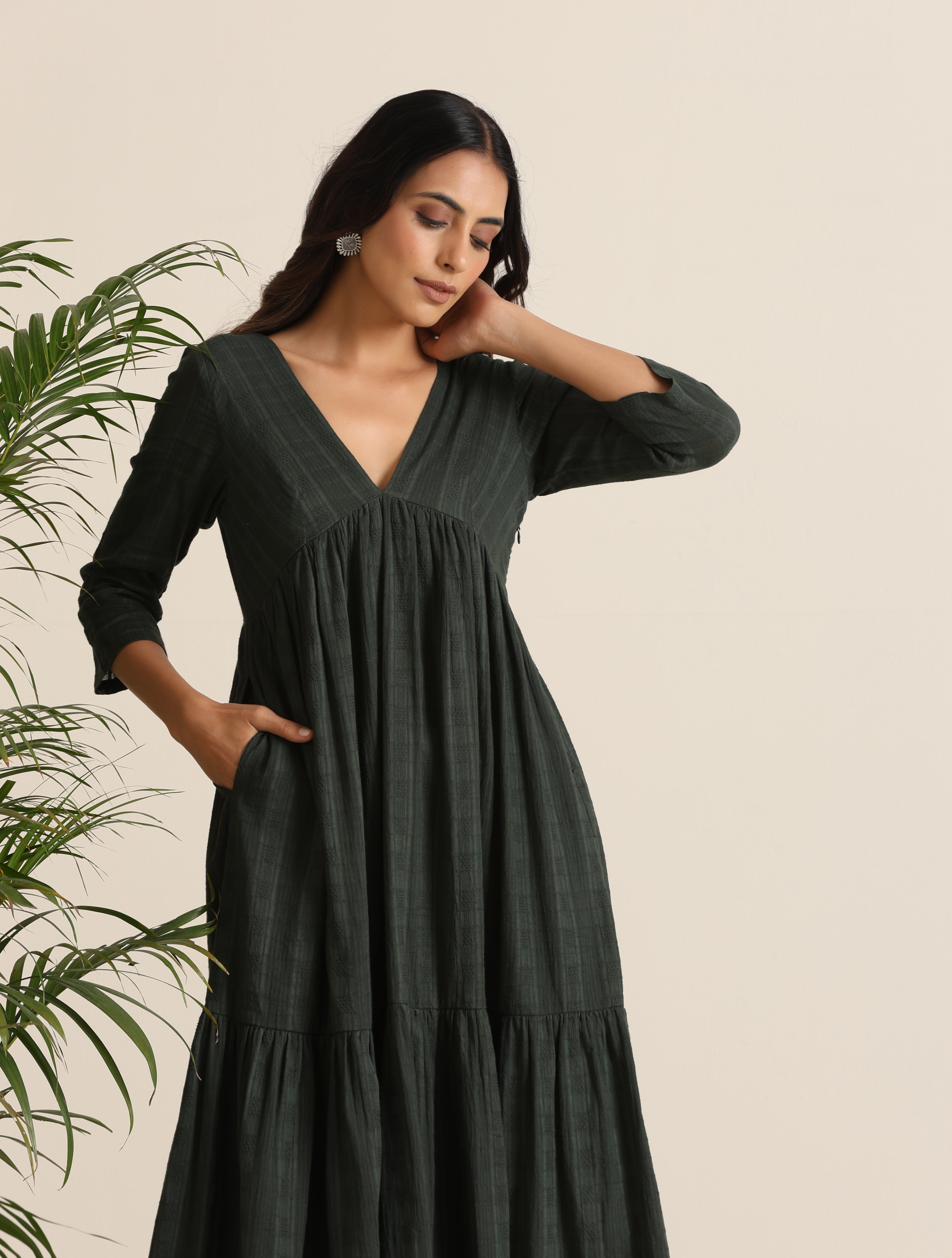 trueBrowns Charcoal Cotton Dobby Tiered Dress - Distacart