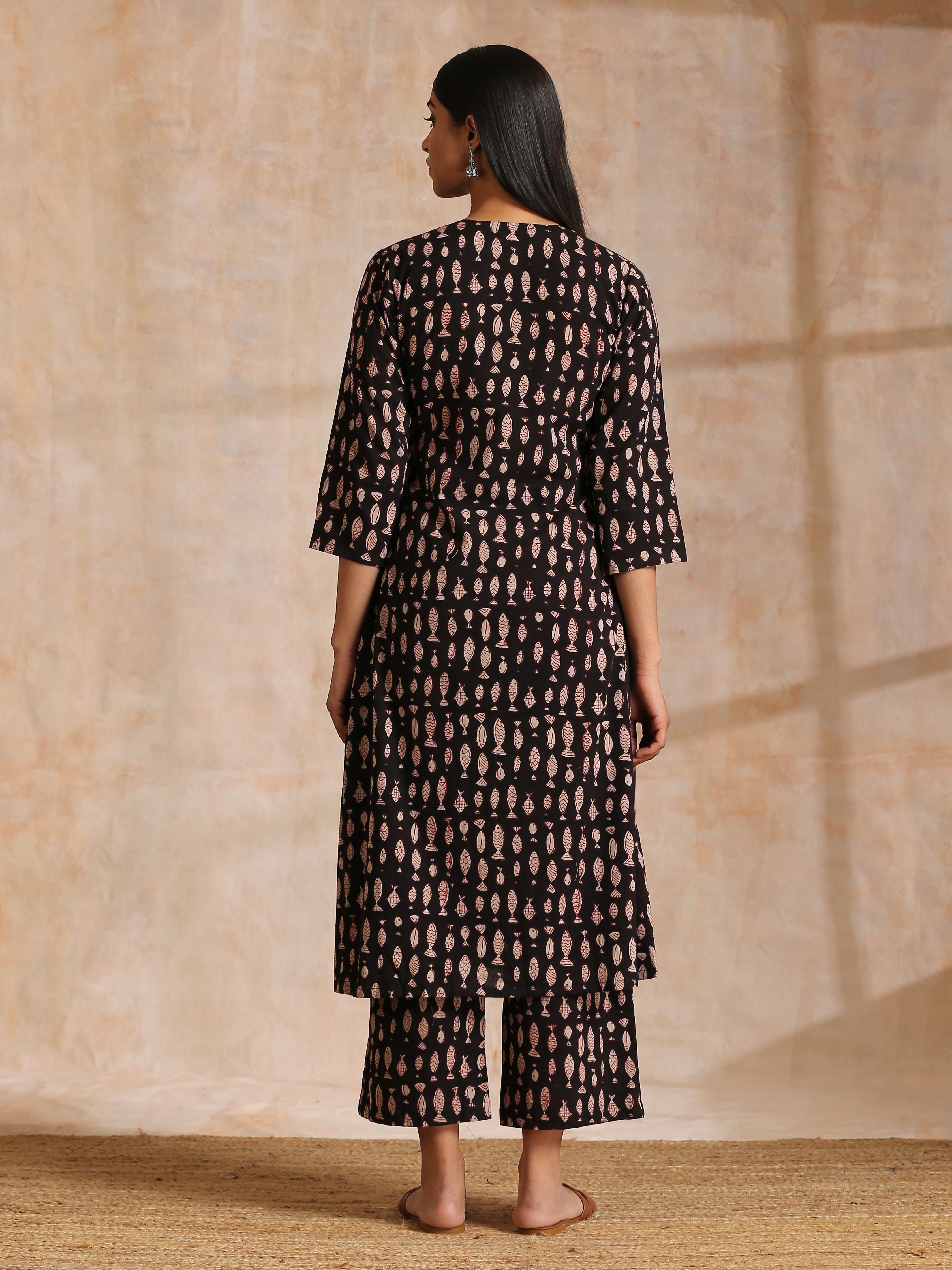 trueBrowns Black Fish Bagru Print Cotton Angrakha Pant Set - Distacart