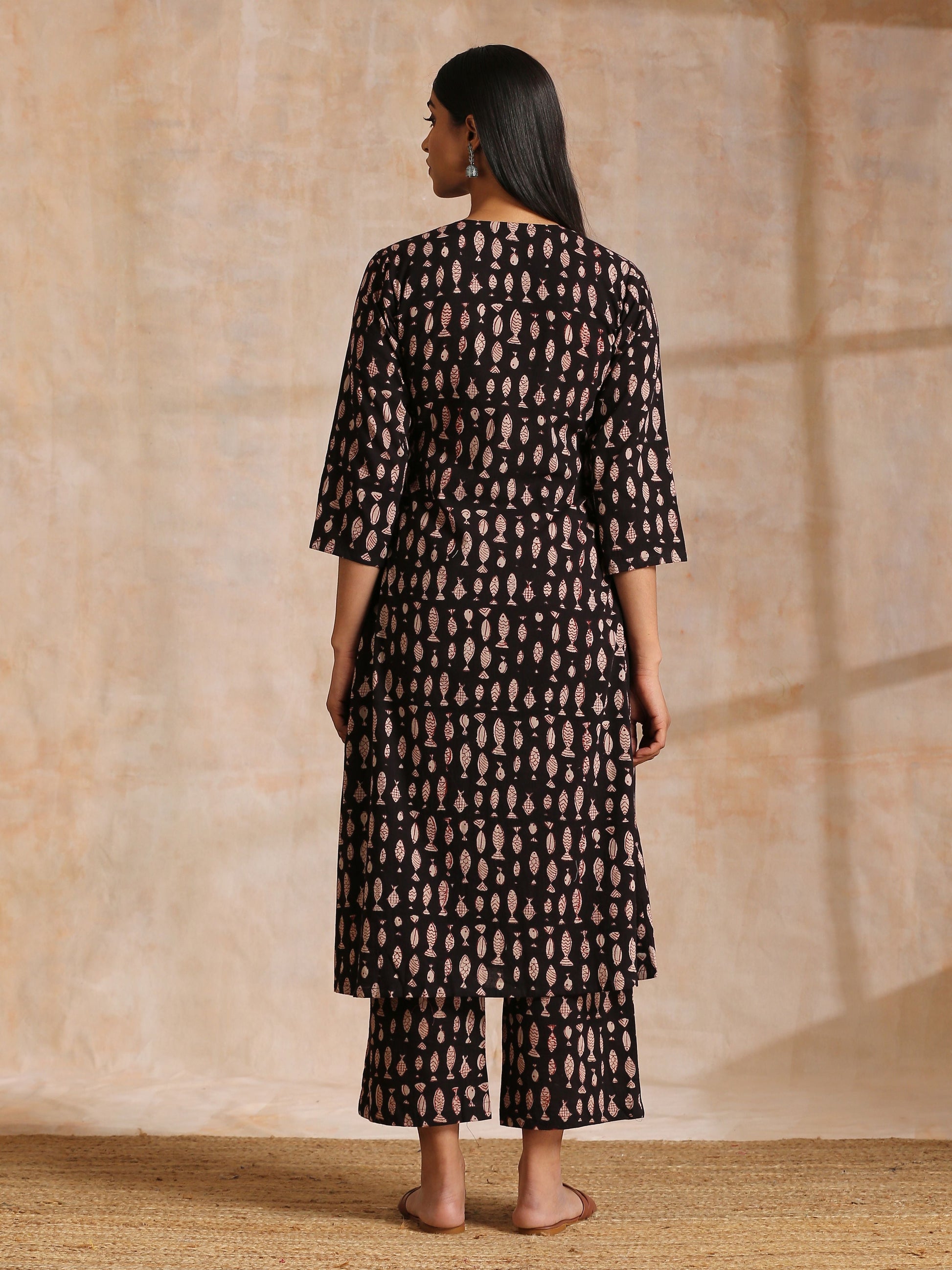 trueBrowns Black Fish Bagru Print Cotton Angrakha Pant Set - Distacart