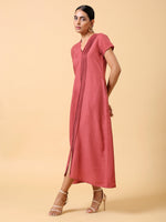 Thumbnail for trueBrowns Cotton Linen Rust Red Pleated Dress - Distacart