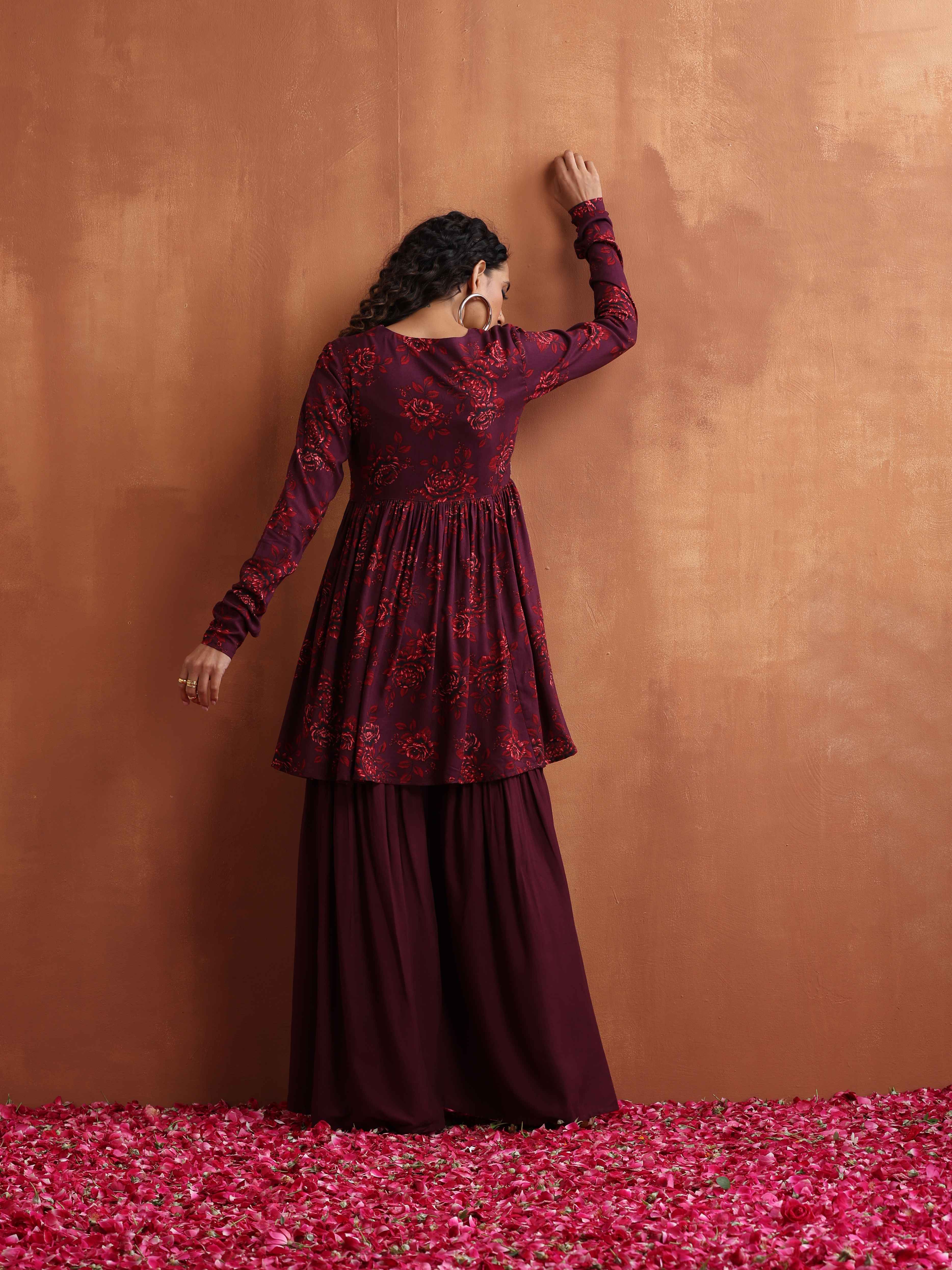 trueBrowns Purple Floral Print Sharara Set - Distacart