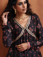 Thumbnail for trueBrowns Black Print Flared Anarkali Kurta Set