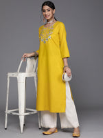 Thumbnail for Varanga Women Mustard Yellow Floral Yoke Embroidered Straight Kurta - Distacart