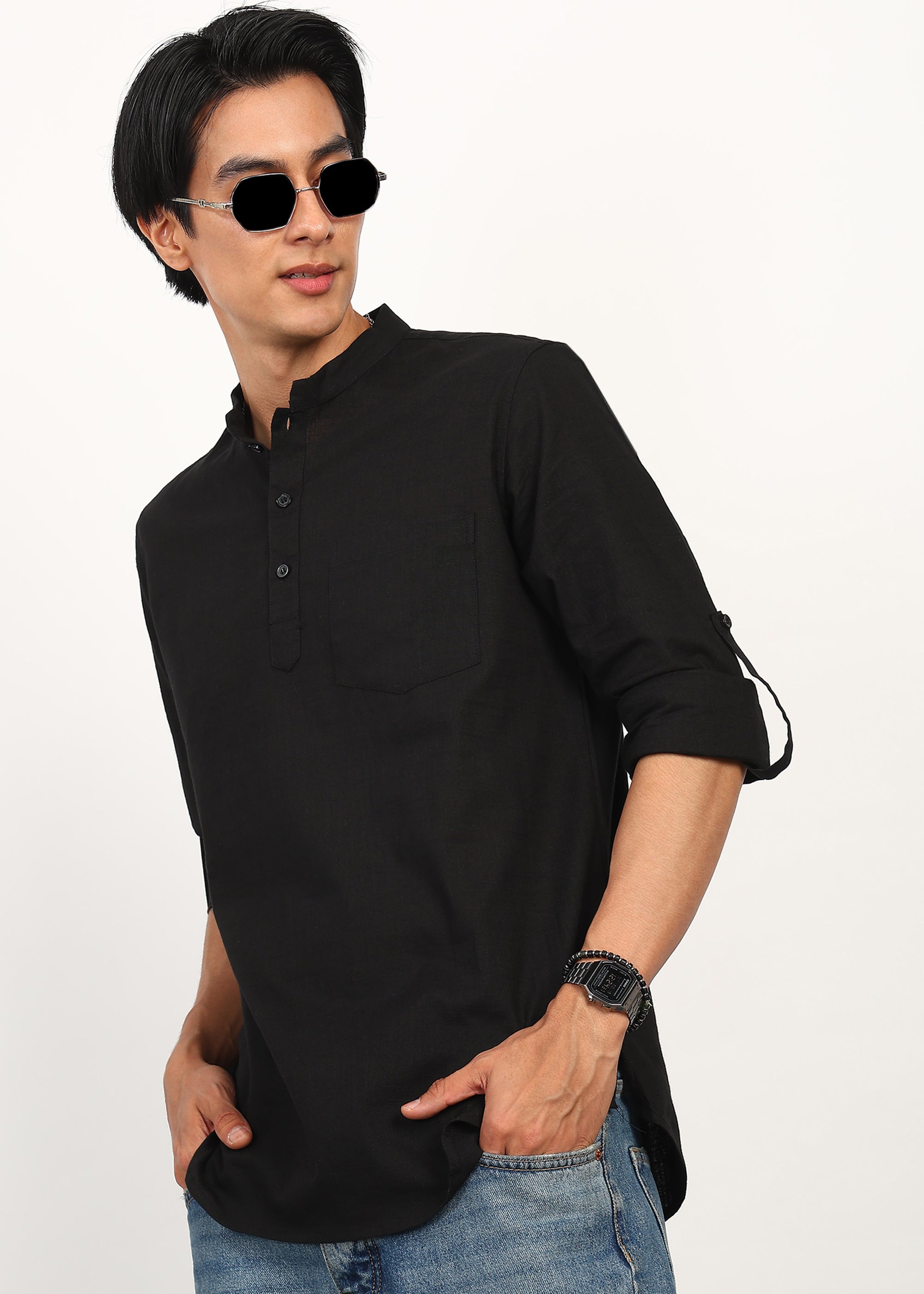 Fabmade Noir Linen Short Kurta - Distacart