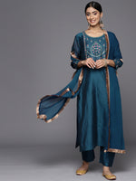 Thumbnail for Varanga Women Teal Embroidered Straight Kurta Paired With Tonal Bottom And Dupatta With Four Side Fringes - Distacart