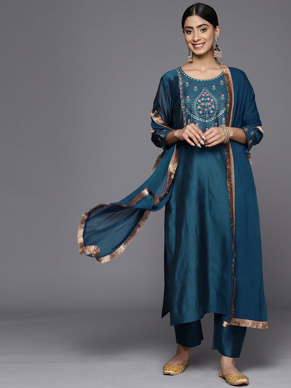 Varanga Women Teal Embroidered Straight Kurta Paired With Tonal Bottom And Dupatta With Four Side Fringes - Distacart