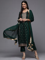 Thumbnail for Varanga Green Embroidered Kurta Paired With Tonal Bottom And Dupatta - Distacart