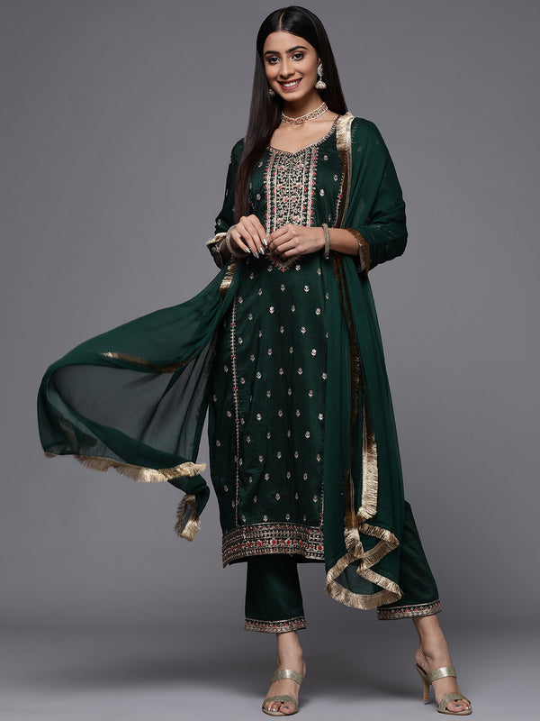 Varanga Green Embroidered Kurta Paired With Tonal Bottom And Dupatta - Distacart