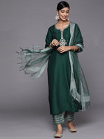 Thumbnail for Varanga Green Embroidered Kurta With Contrast Bottom And Dupatta - Distacart