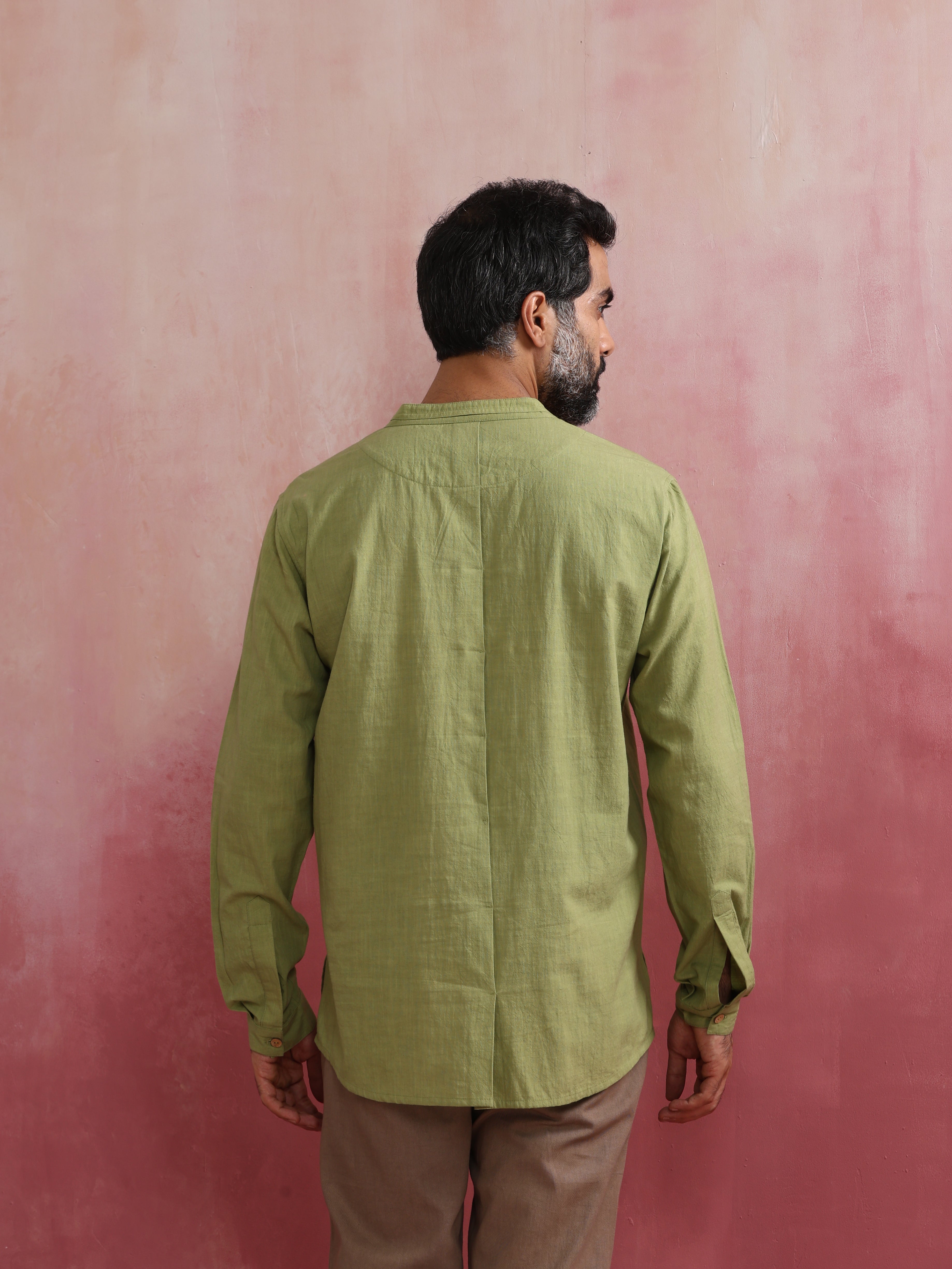 trueBrowns Men's Pista Green Cotton Mandarin Collar Stylized Kurta - Distacart