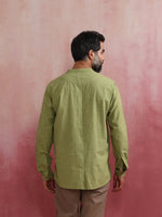 Thumbnail for trueBrowns Men's Pista Green Cotton Mandarin Collar Stylized Kurta - Distacart