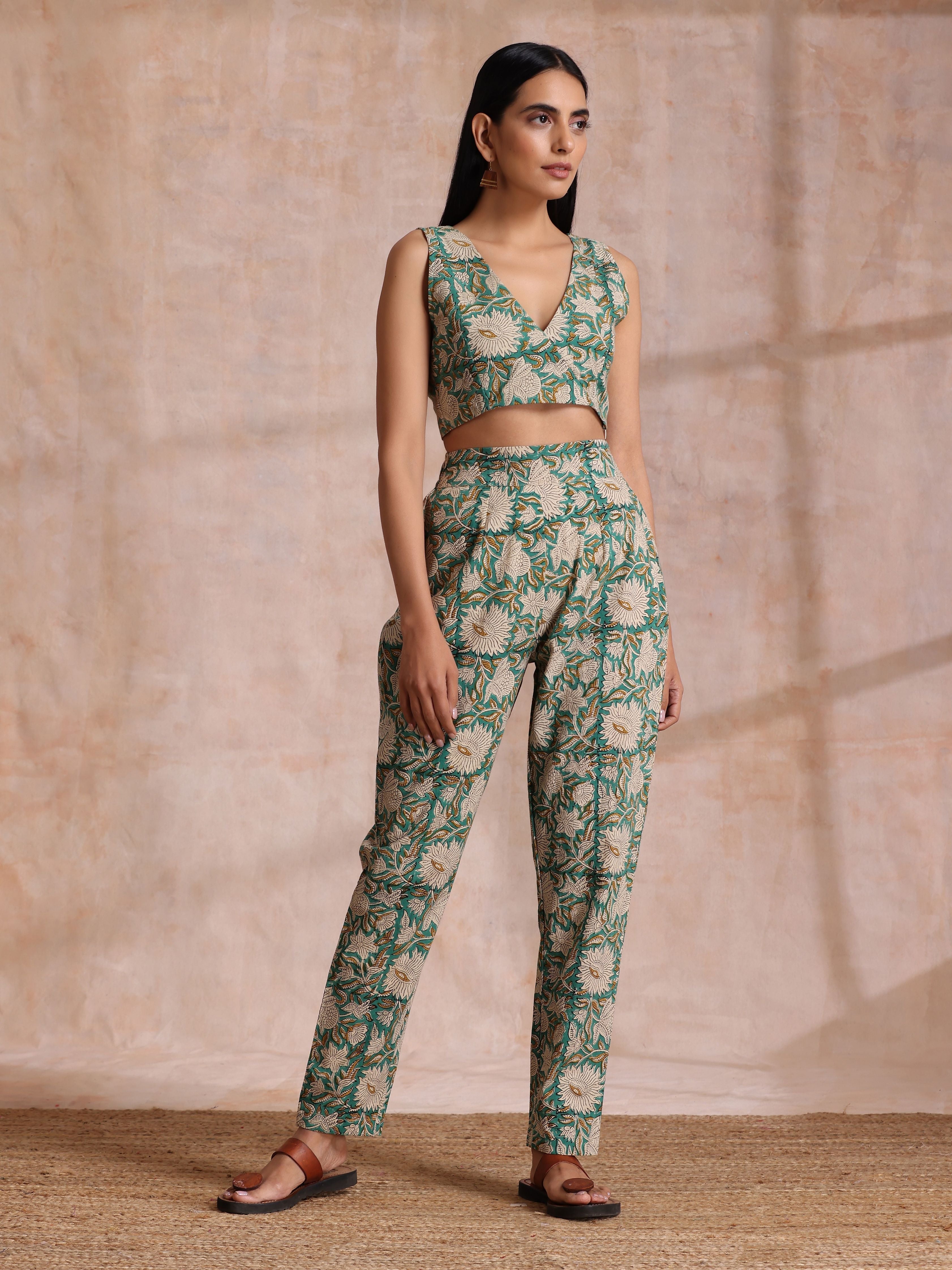 trueBrowns Fern Green Overall Floral Block Print Cotton Pant Suit Set - Distacart