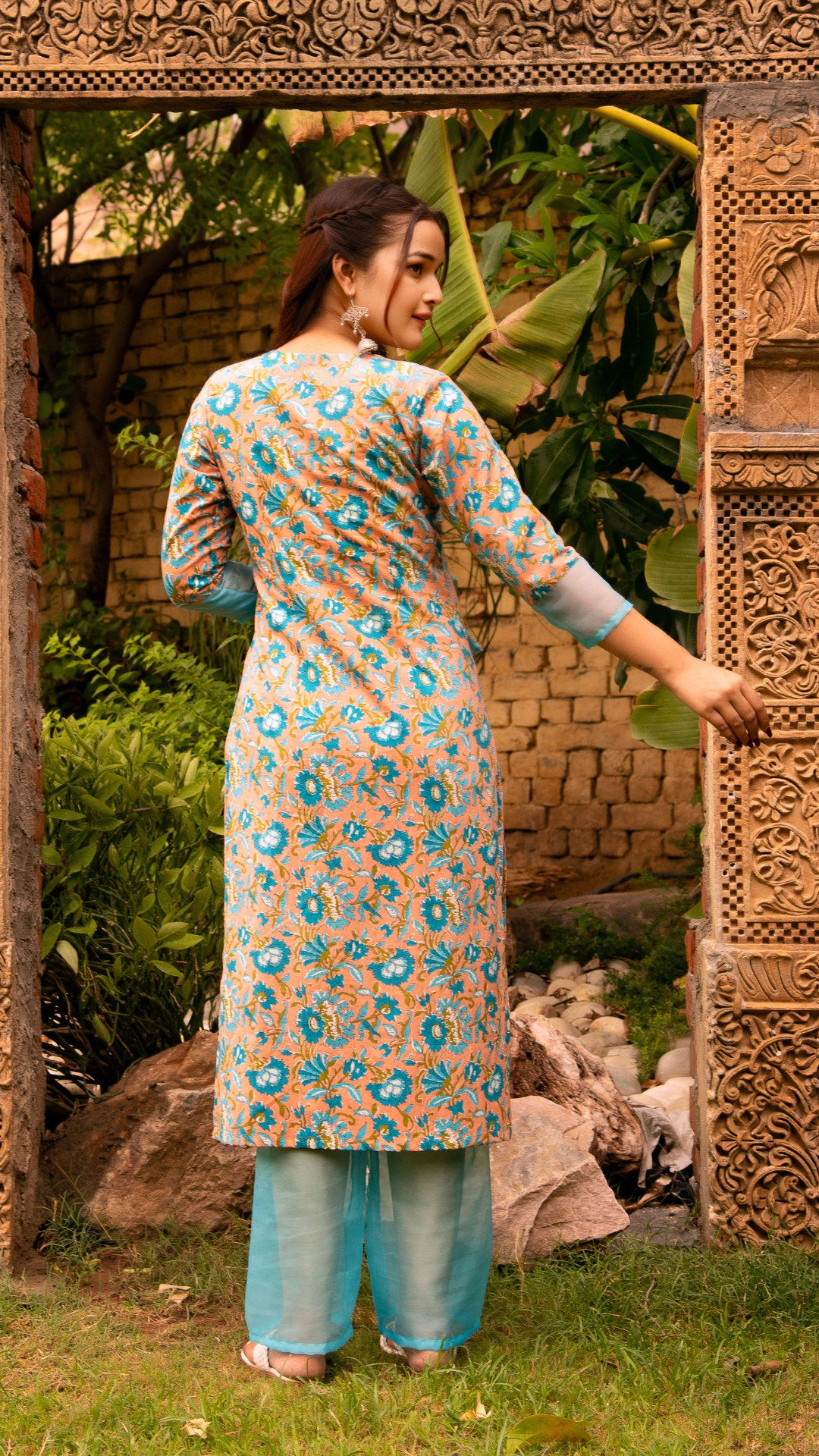 Pomcha Jaipur Gaurangi Blue Peach Phool Jaal Suit Set - Distacart