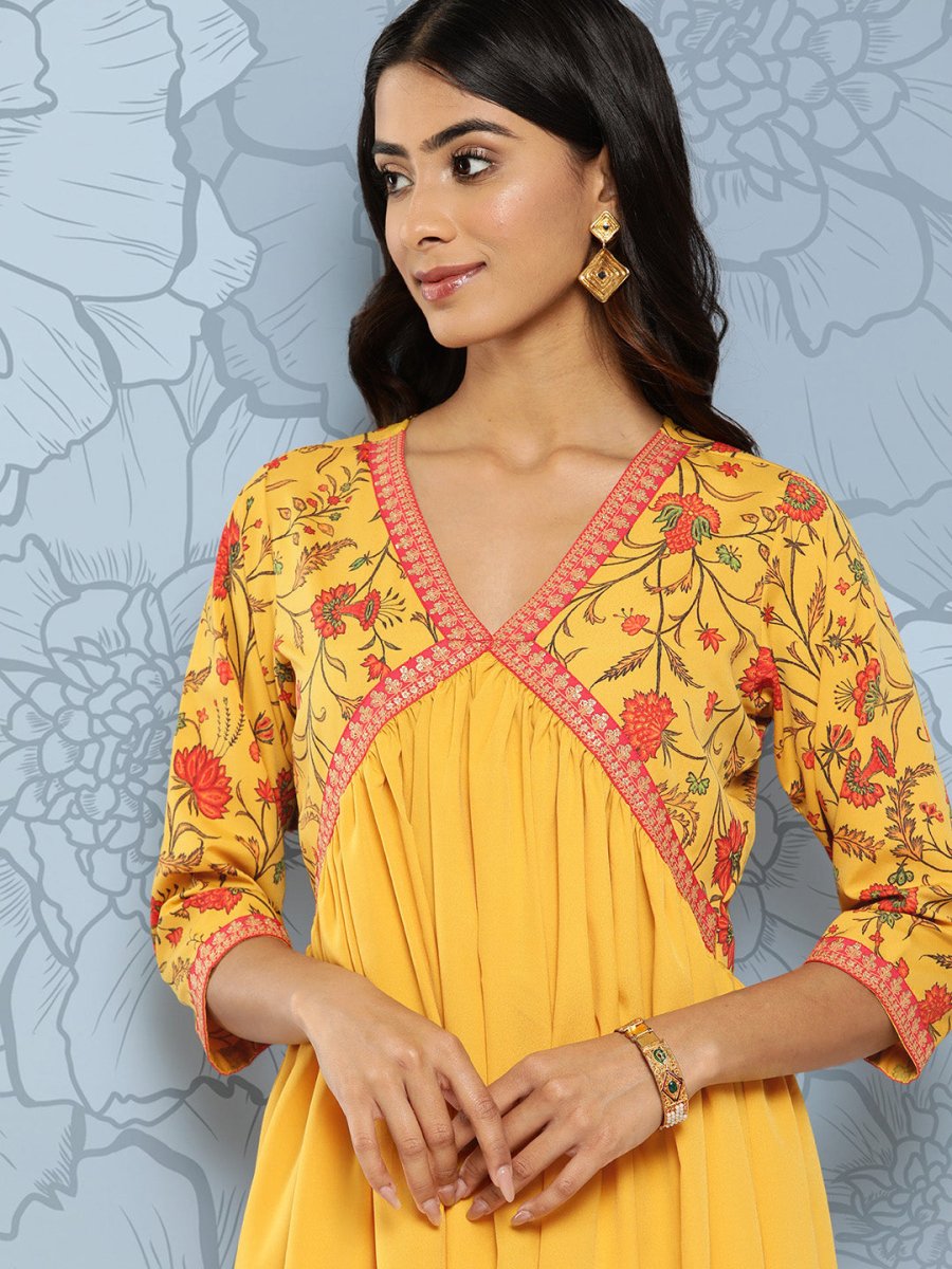 Ahalyaa Floral Print Crepe Empire Midi Ethnic Dress - Distacart