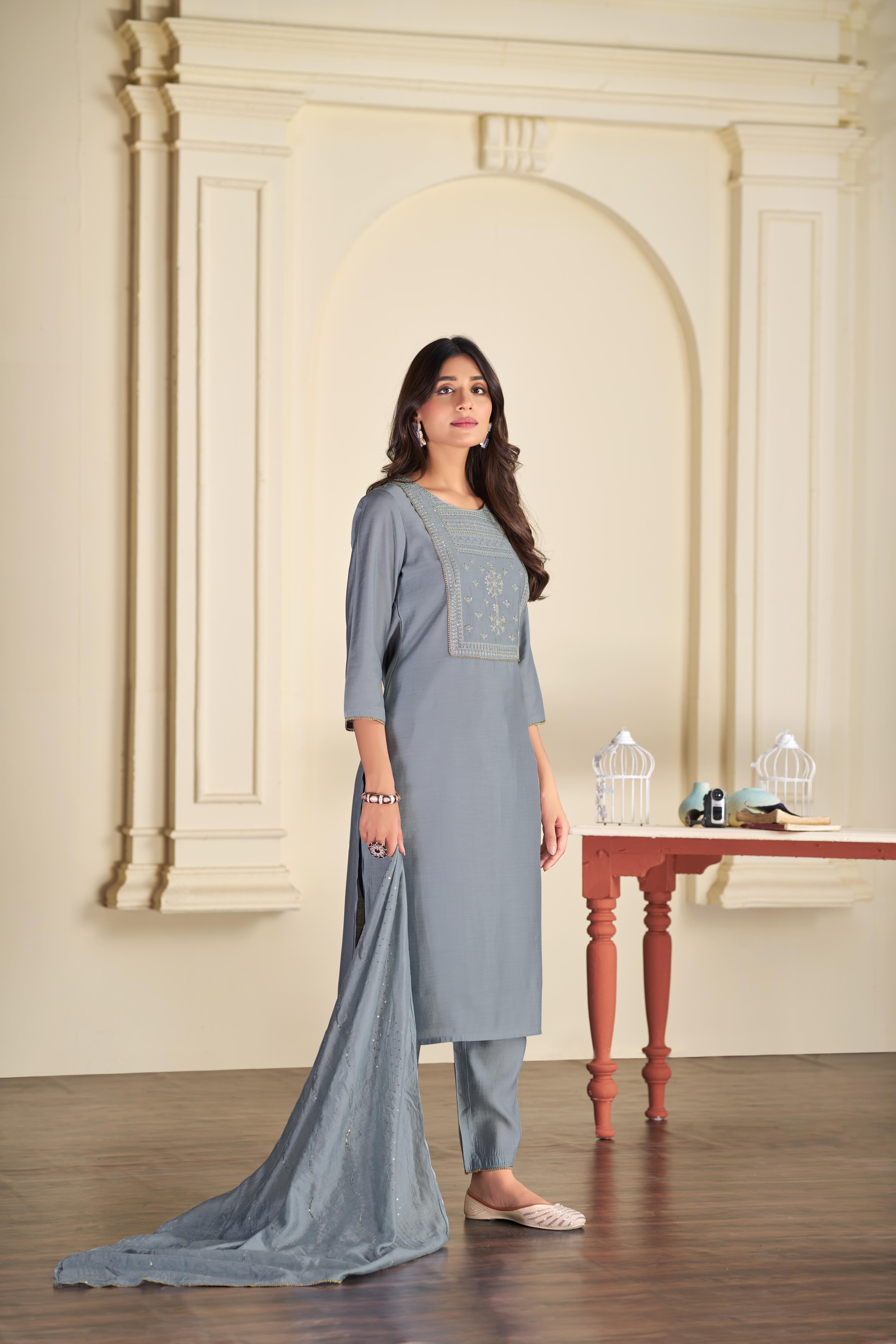 BulBul Aadvi Solid Grey Embroidered Roman Silk Salwar Suit