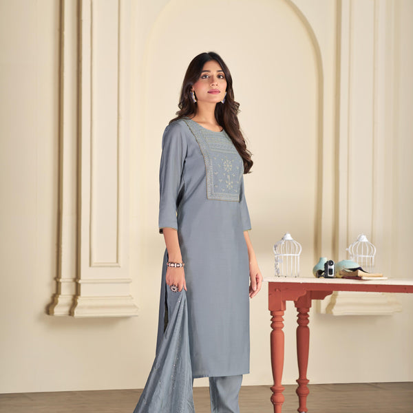 BulBul Aadvi Solid Grey Embroidered Roman Silk Salwar Suit