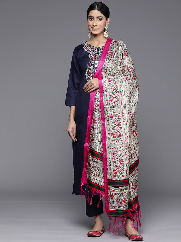 Varanga Women Solid Round Neck Yoke Kurta Paired With Tonal Bottom And Contrast Dupatta - Distacart