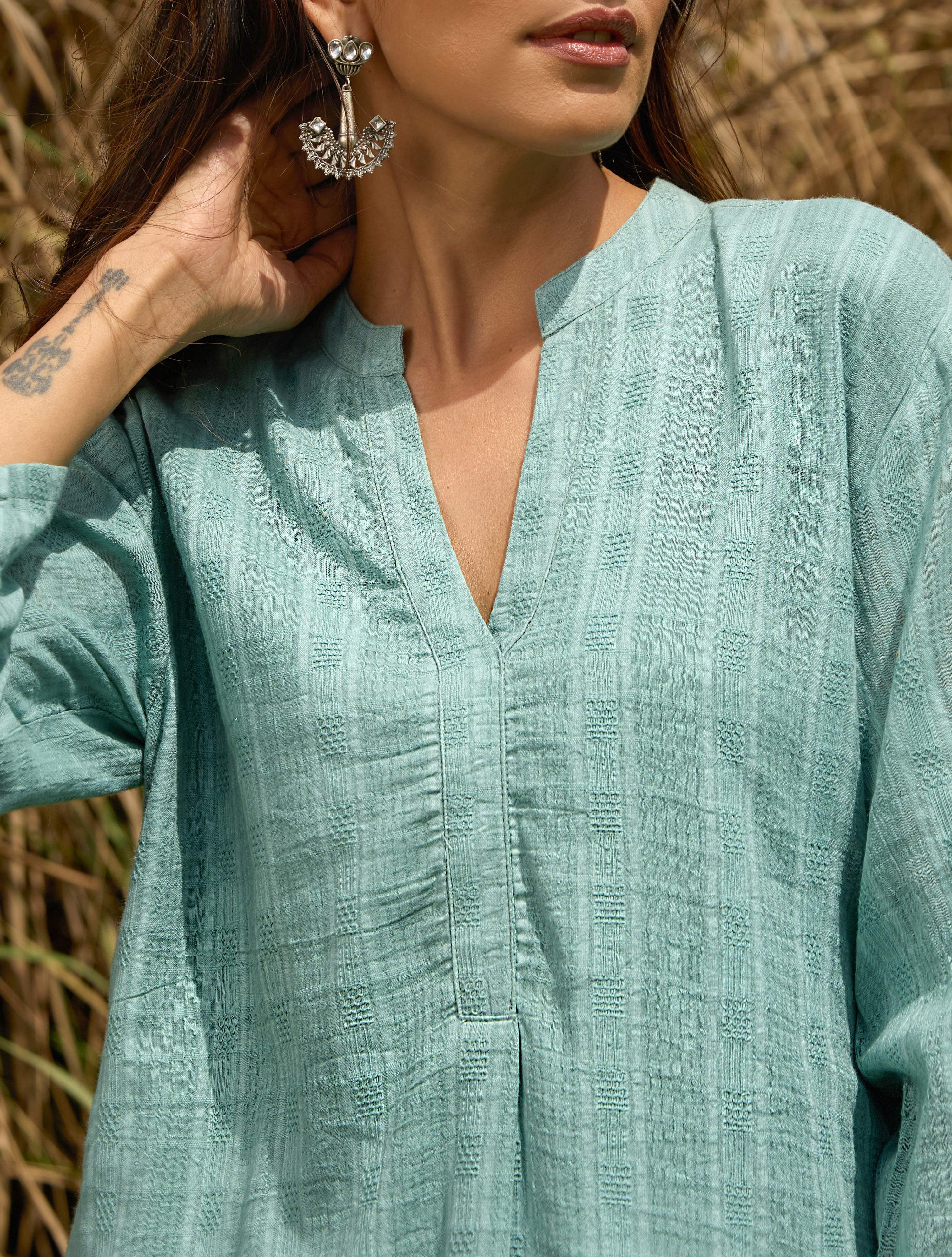 trueBrowns Light Blue Cotton Dobby Relaxed Co-ord Set