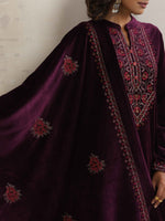 Thumbnail for trueBrowns Purple Velvet Floral Embroidered Kurta Pant Dupatta Set