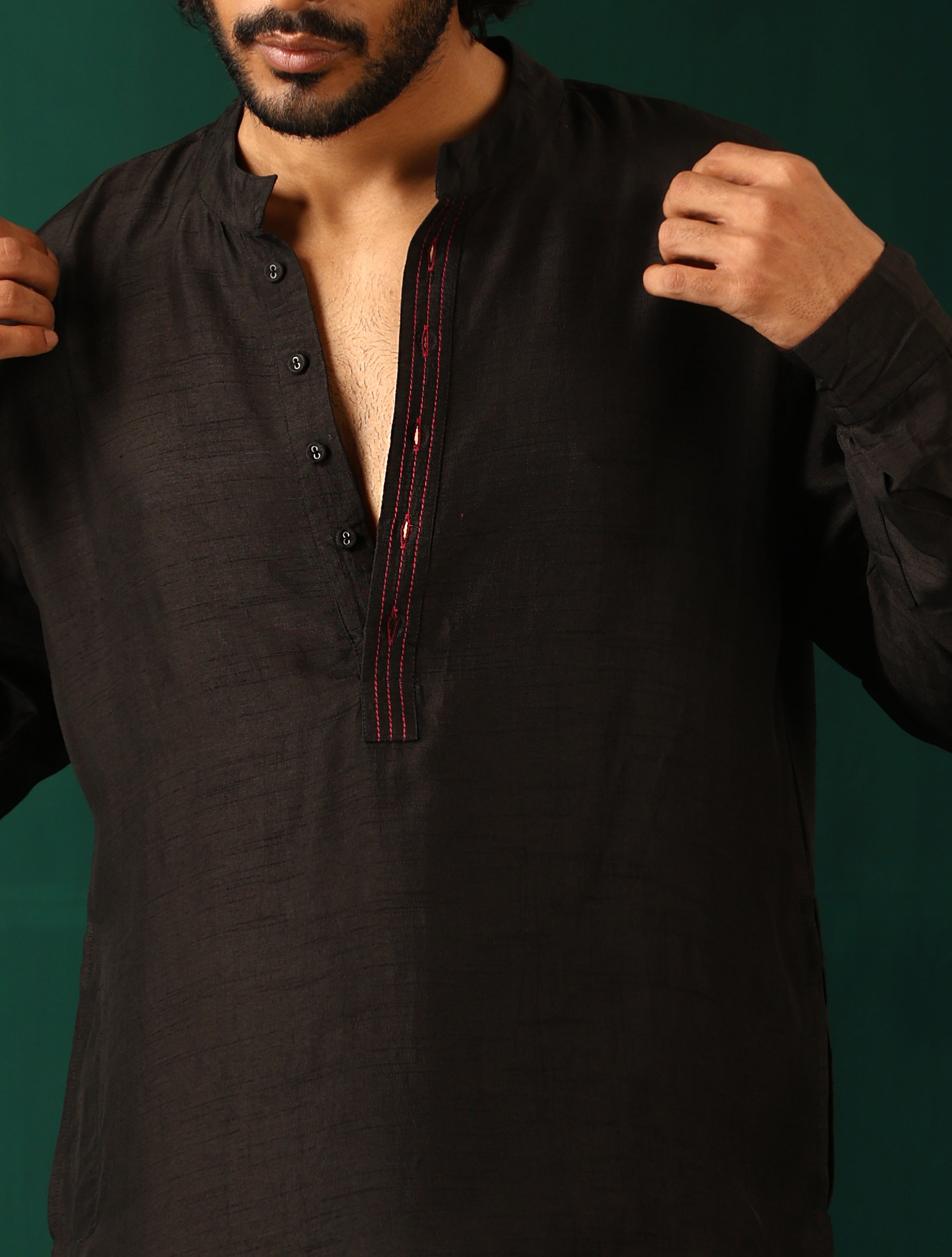 trueBrowns Men's Black Silk Co-ord Set Stitch Detail - Distacart