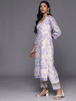 Thumbnail for Varanga Women Lavender Floral Printed V- Neck Three Quarter Sleeve Straight Kurta - Distacart