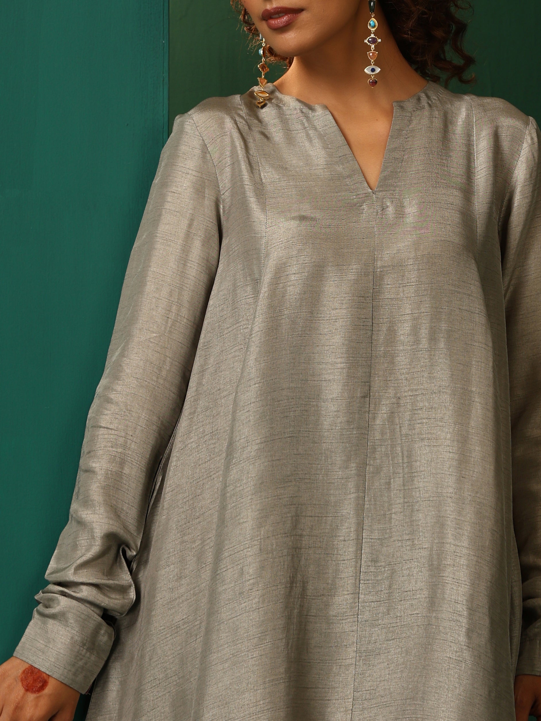 trueBrowns Grey Silk Flared Co-ord Set - Distacart