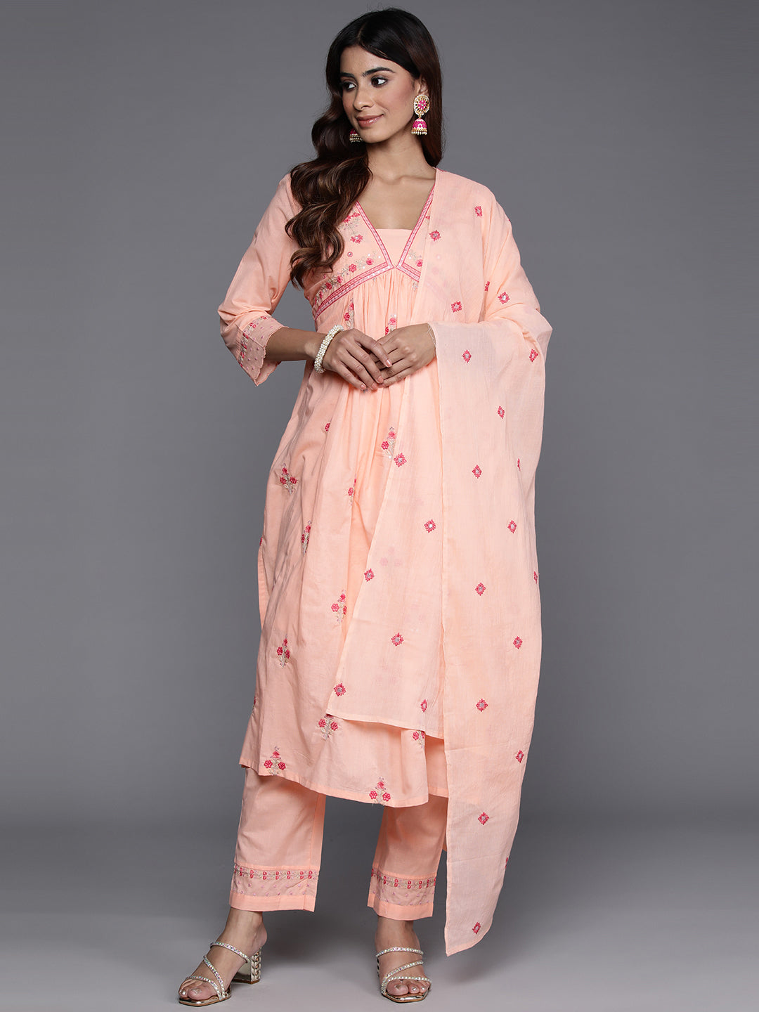 Varanga Women Peach Thread And Sequins Embroidered Kurta With Tonal Bottom And Dupatta - Distacart