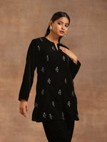 Thumbnail for trueBrowns Black Velvet Embroidered Relaxed Co-ord Set - Distacart