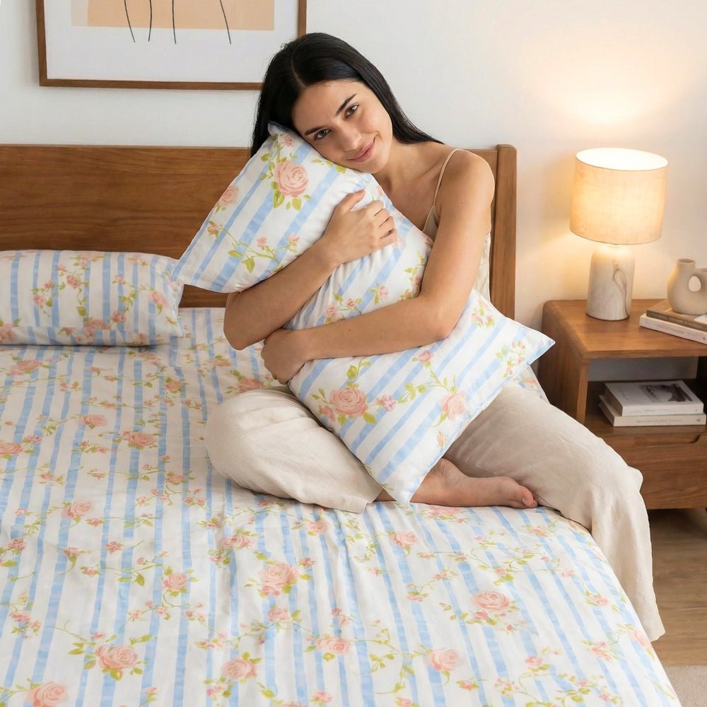 Haus & Kinder Rosaline Stripes 100% Cotton Double Size Bedsheet, 144 TC - Dista