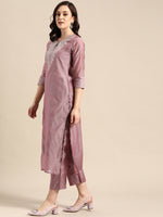 Thumbnail for Varanga Women Mauve Floral Embroidered Regular Chanderi Silk Kurta With Trousers & With Dupatta - Distacart