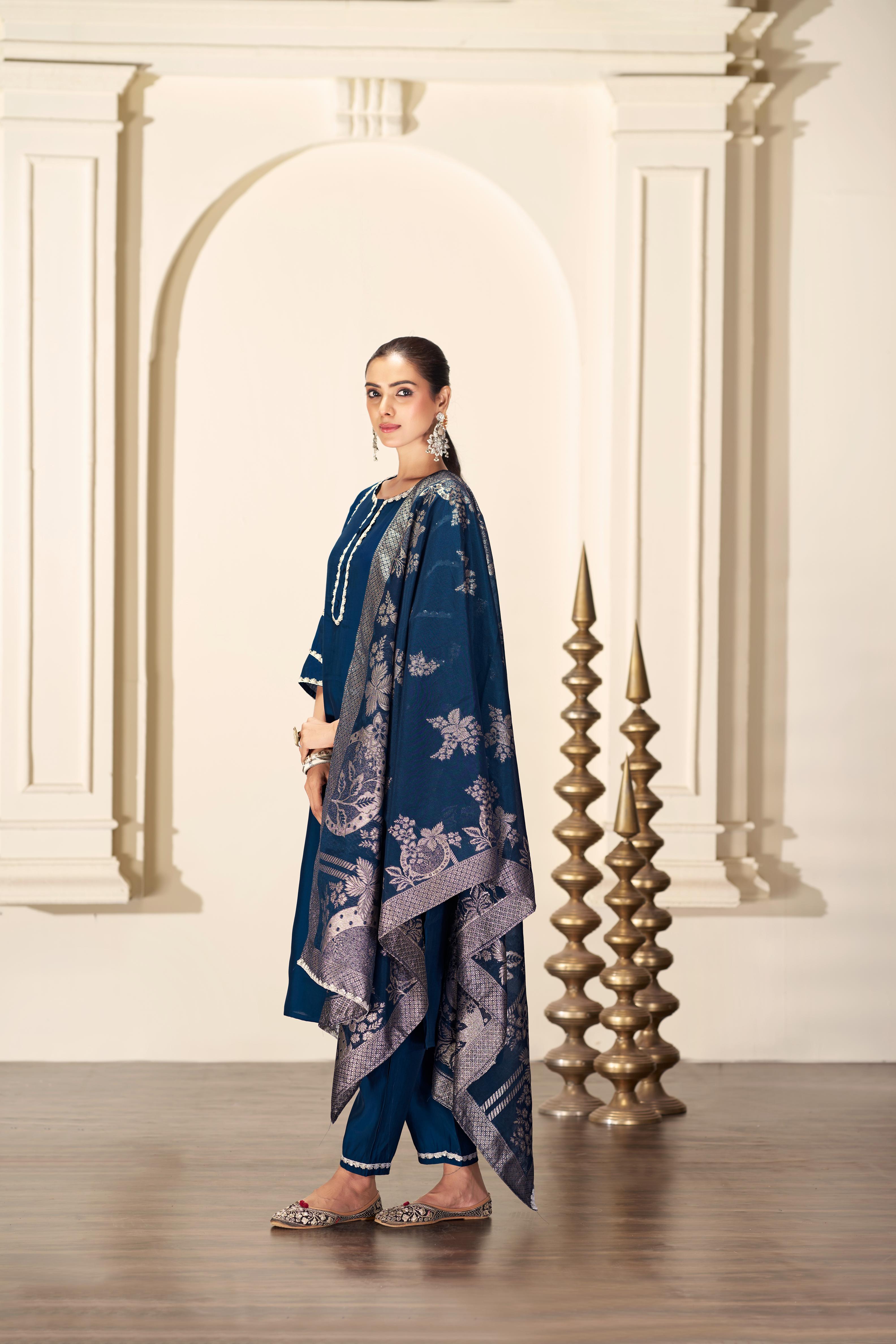 BulBul Almina Navy Silk Kurta Set with Dupatta