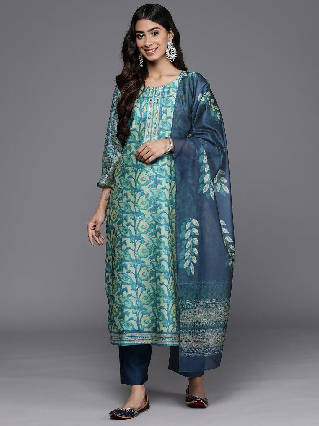 Varanga Women Blue Floral Printed Kurta, Round Neck Straight Kurta Paired With Tonal Bottom And Printed Dupatta - Distacart