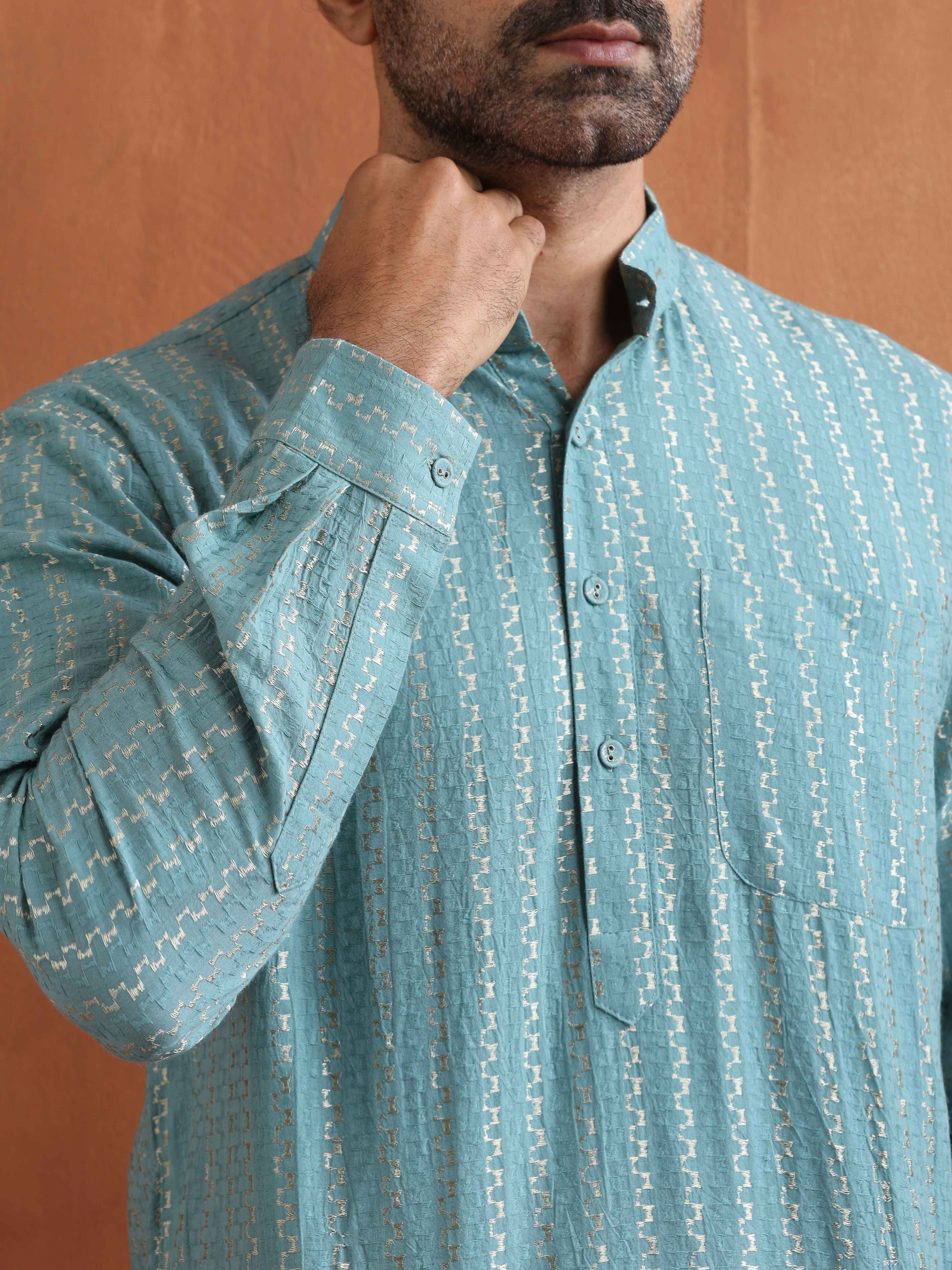 trueBrowns Men's Green Cotton Dobby Short Kurta
