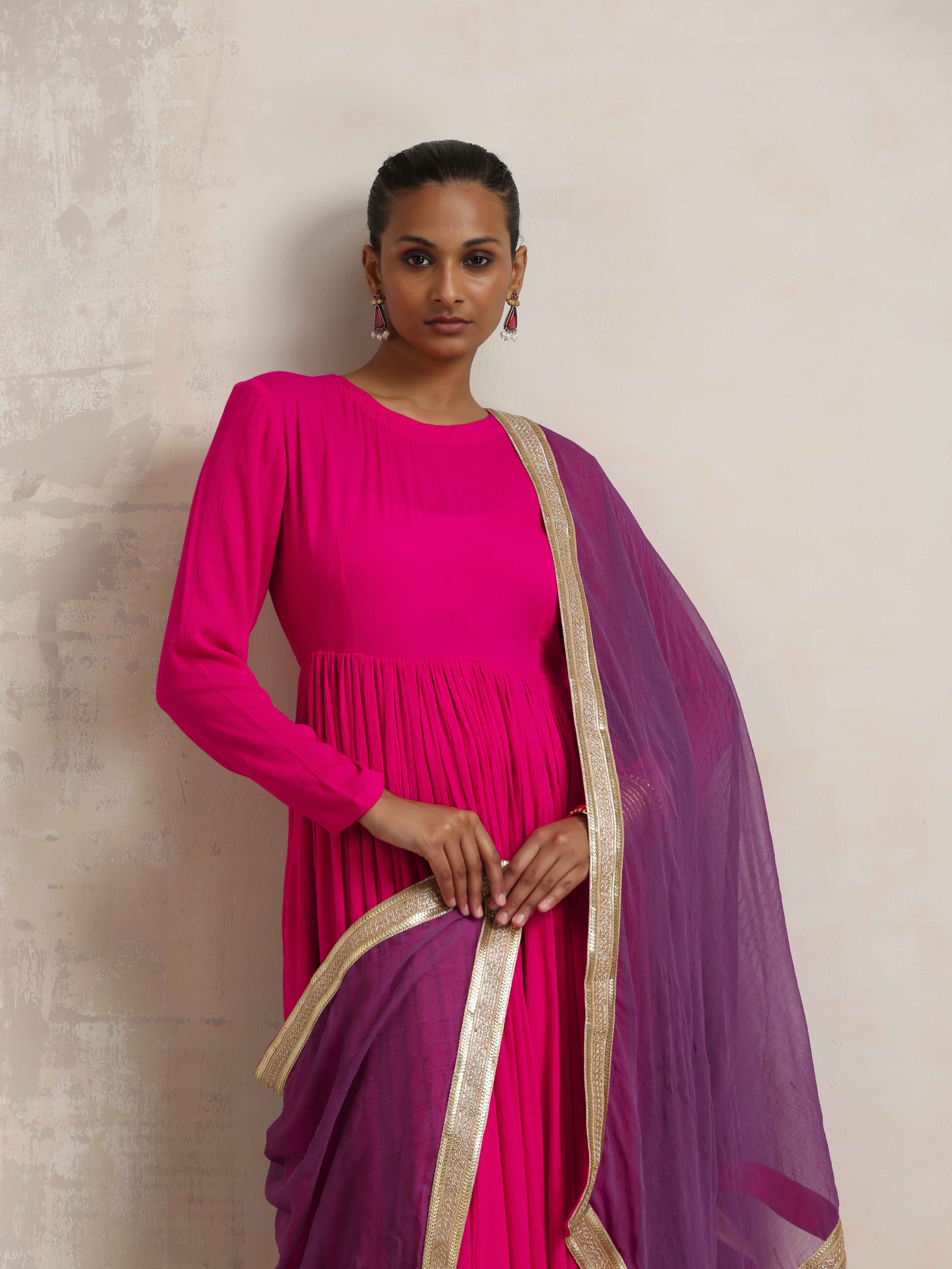 trueBrowns Pink Crinkle Anarkali Kurta Pant Dupatta Set - Distacart