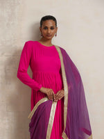 Thumbnail for trueBrowns Pink Crinkle Anarkali Kurta Pant Dupatta Set - Distacart