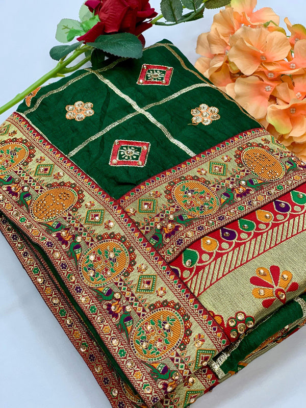 Lorenvalley Fashion Premium Green Vichitra Silk Embroidery and Diamond work Both Side Saree - Distacart