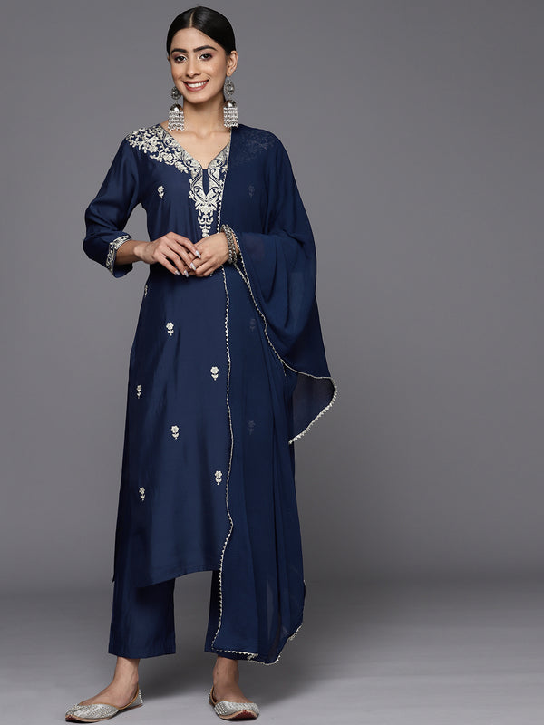 Varanga Women Navy Blue Placement Design Zari Embroidered Kurta Paired With Tonal Bottom And Tonal Chiffon Dupatta