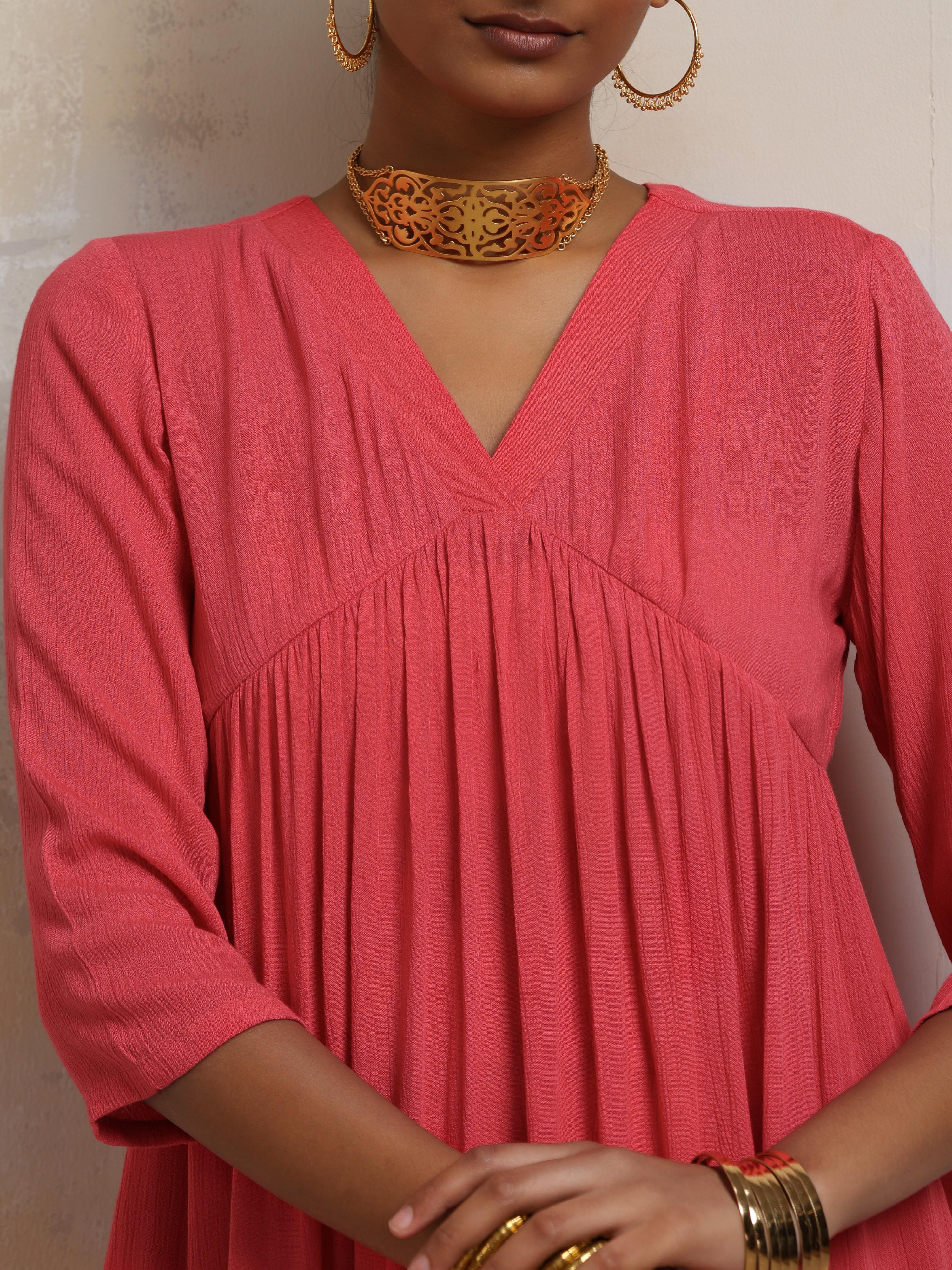 trueBrowns Peach Crinkle Flared Kurta Co-ord Set