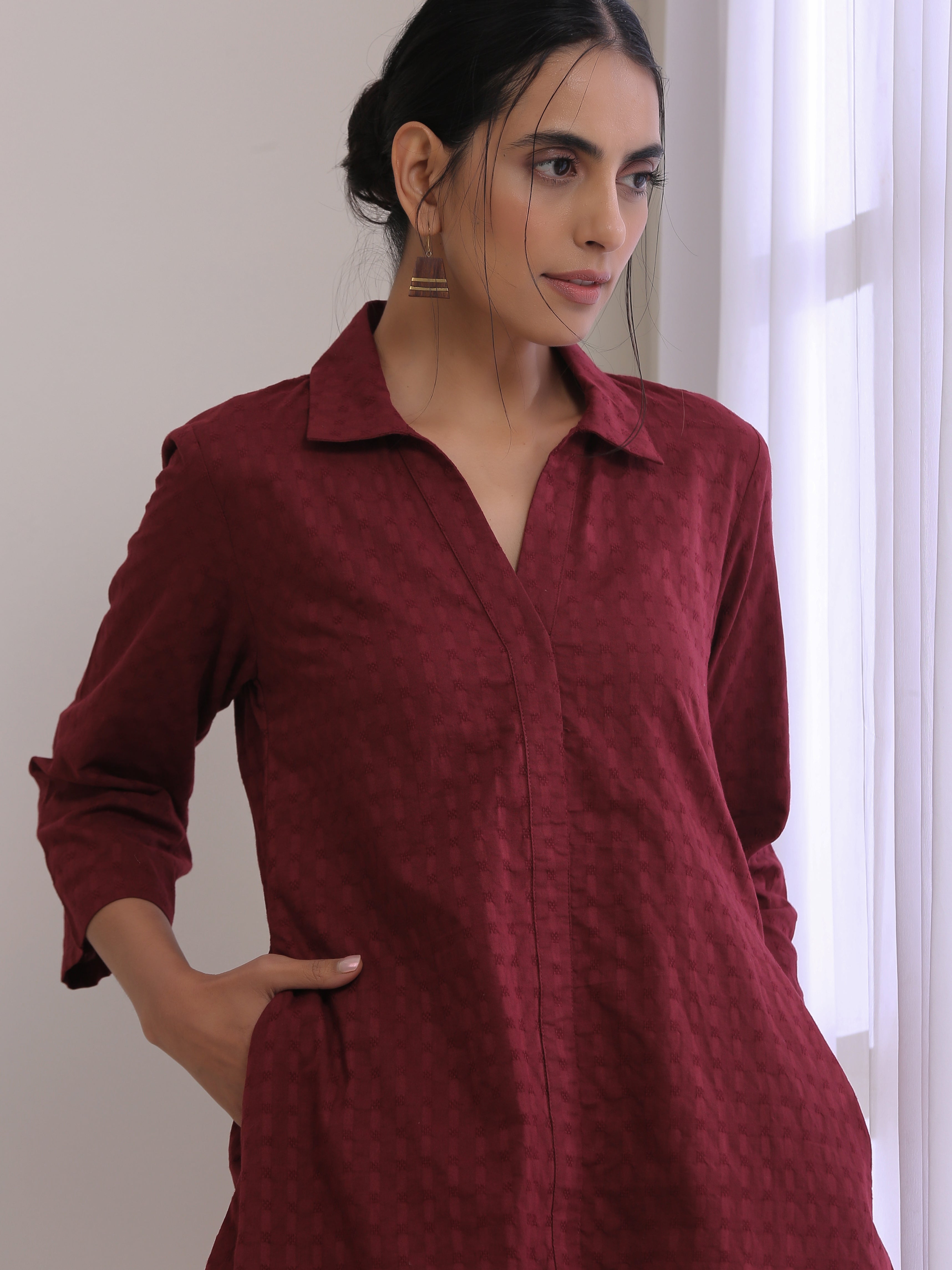 trueBrowns Ruby Wine Dobby Collar Short Co-Ord Set - Distacart
