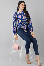 Thumbnail for Ahika Navy Blue Georgette Floral Print Top