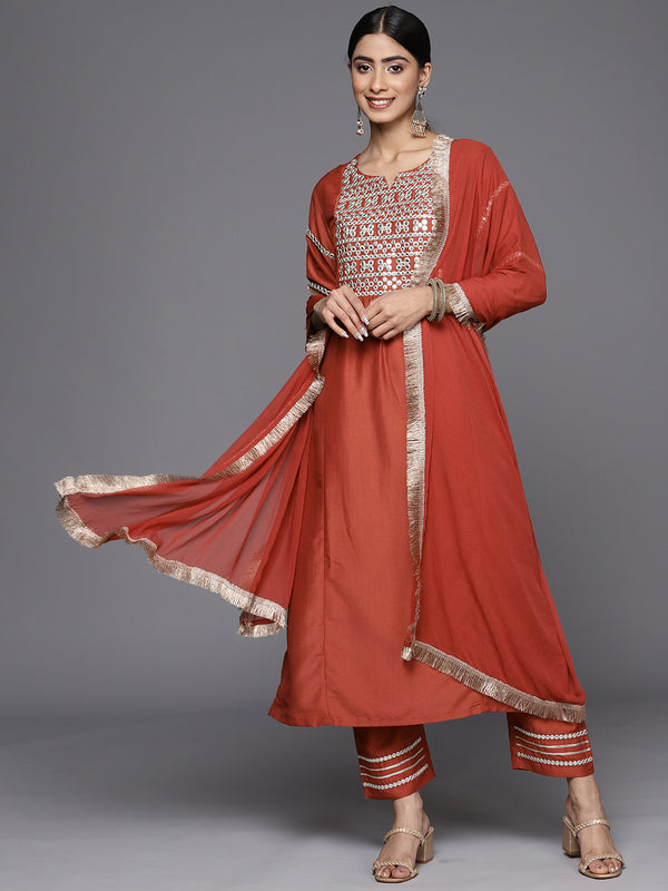 Varanga Women Rust Mirror Work Yoke Embroidered Straight Kurta Paired With Tonal Bottom And Tonal Solid Dupatta With Four Side Fringes - Distacart